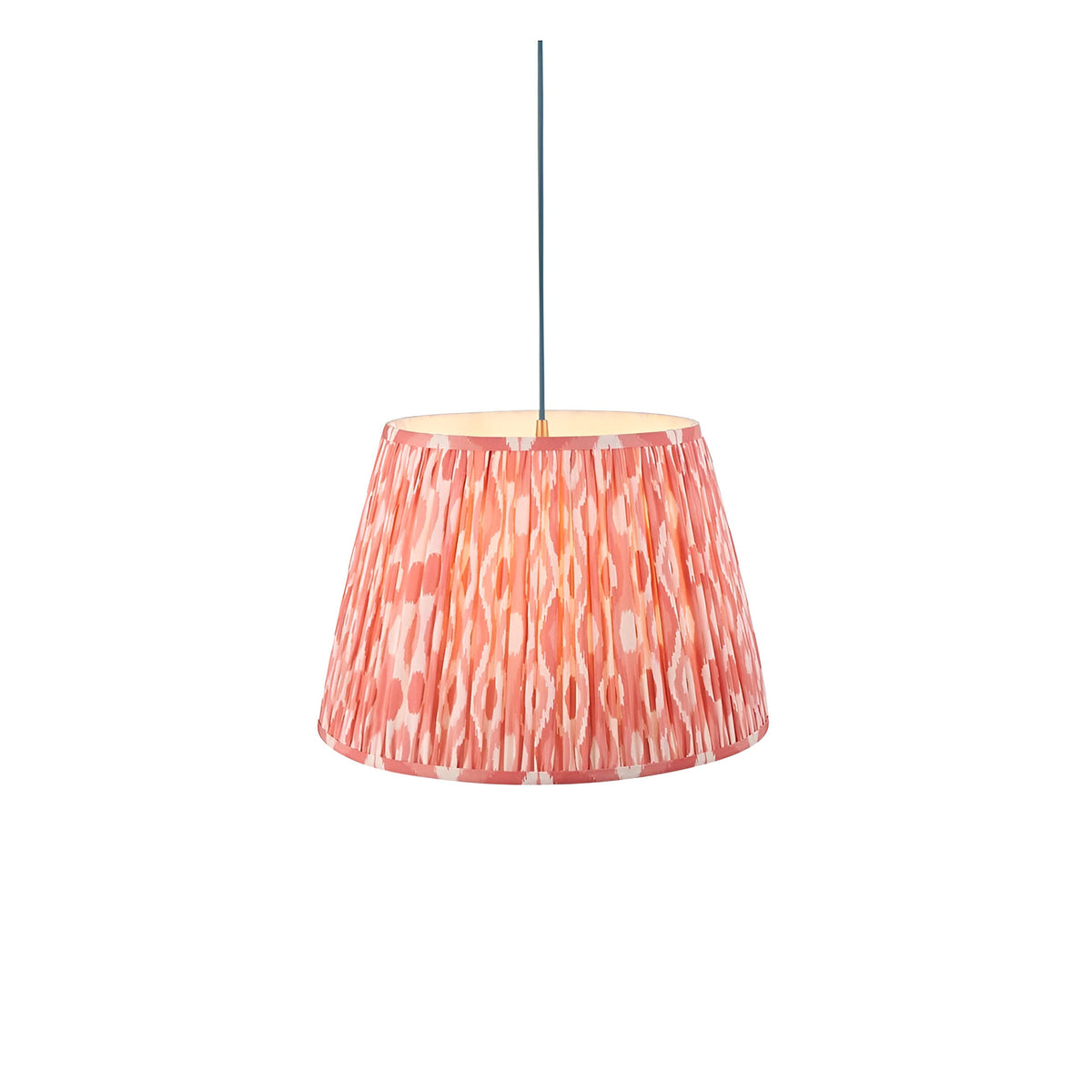 Endon Brackmont Ikat pendant light with a coral pink pleated faux silk tapered shade and blue fabric cable, shown on a plain white background.