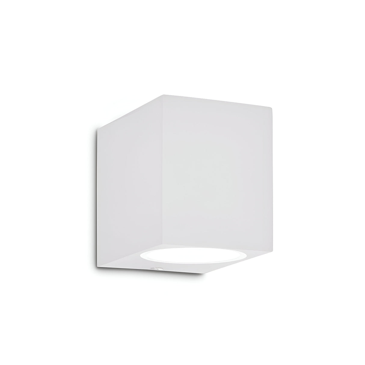 The Aethera Outdoor Wall Light - White is a minimalist cube fixture that projects soft, diffused light downward while being mounted on a white background. Its sleek and modern design effortlessly complements contemporary interiors, and its weather-resistant qualities make it perfect for any setting.