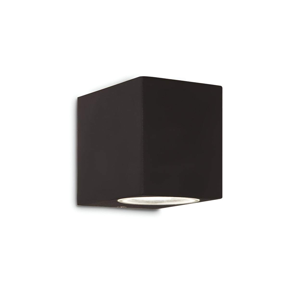 The Aethera Outdoor Wall Light - Black, featuring a sleek, cube-shaped design and weather-resistant finish, is mounted on a white wall. Its smooth surface directs light downward, elegantly illuminating the area beneath.