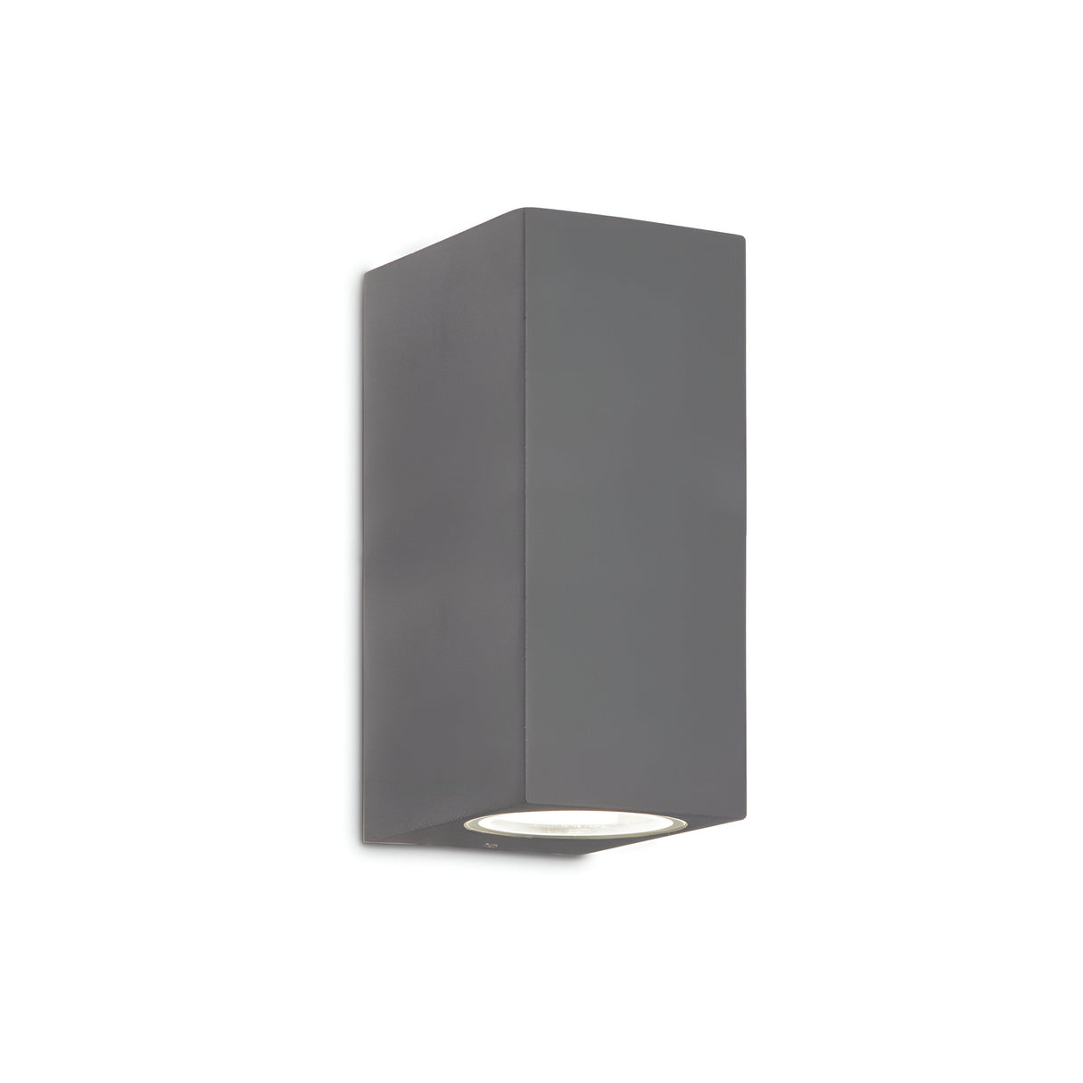 The Aethera Outdoor 2 Light Wall Light - Anthracite is a contemporary, rectangular sconce featuring a minimalist design that effortlessly integrates with a light-colored wall. This dimmable fixture elegantly casts light both upwards and downwards.