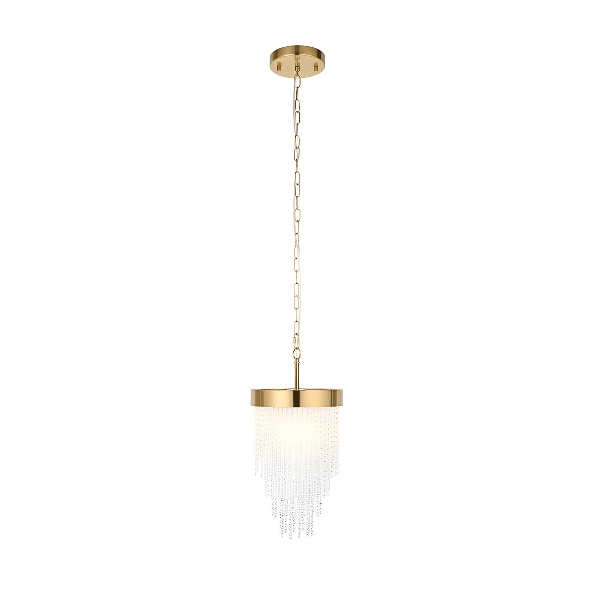 Aldfield Pendant in brass, a single-light fitting with a round ceiling rose, chain suspension, and a cylindrical frame trailing tiered glass rods.