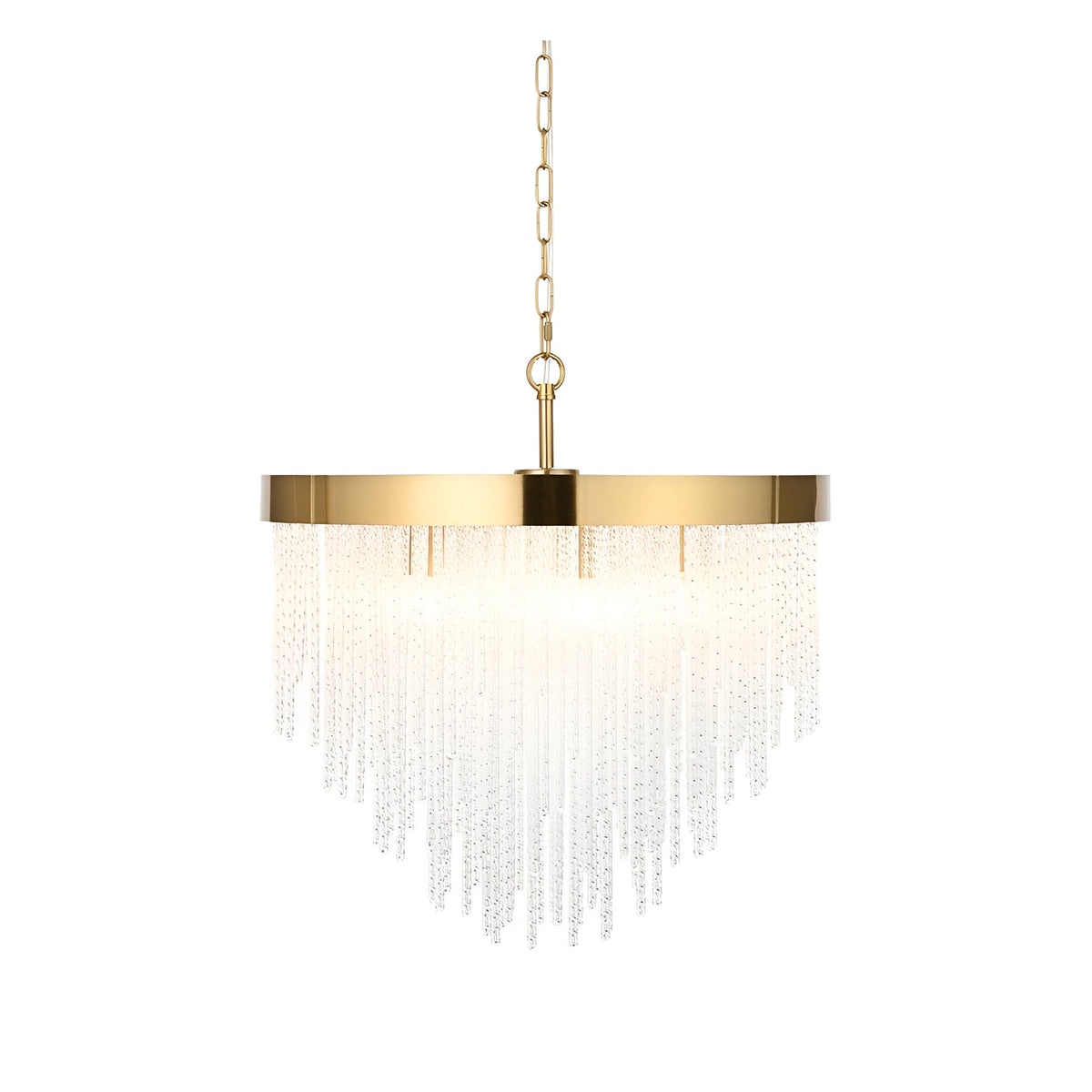 Endon Aldfield 5 light pendant with tiered clear glass rods and brushed aged brass frame on a chain suspension, shown on a plain white background.