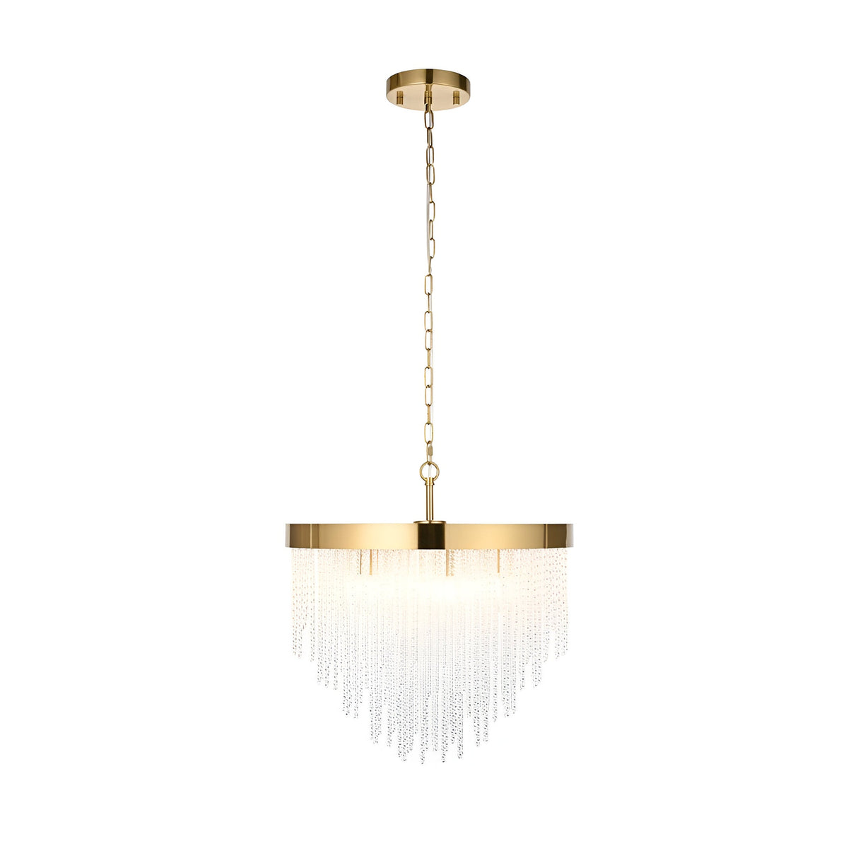 Endon Aldfield 5 light pendant with tiered clear glass rods on a brushed brass frame and chain suspension, shown on a white background.