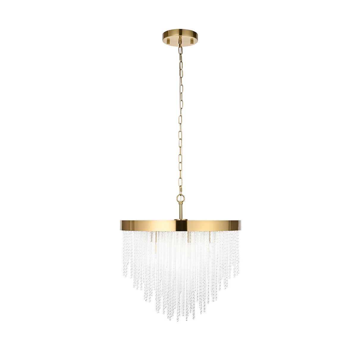 Endon Aldfield 5 light pendant with tiered clear glass rods and brushed aged brass frame, suspended from a chain on a plain white background.
