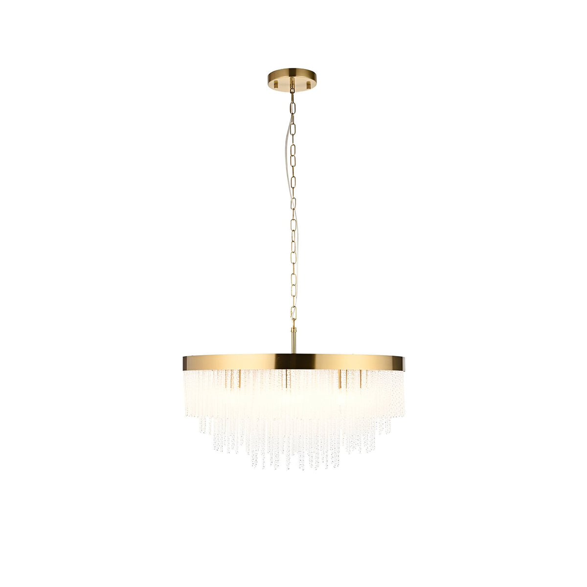 Aldfield 9 Light Pendant in brushed brass, round drum frame with tiered clear glass rod strands, on a chain suspension against a white background.