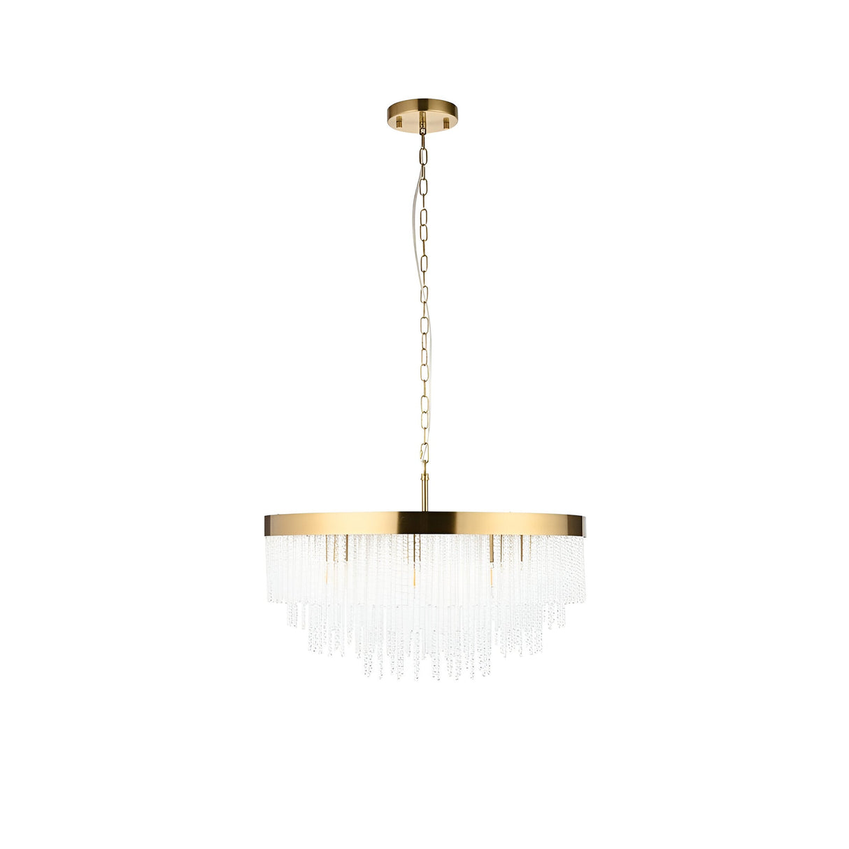Aldfield 9 Light Pendant in brushed brass, a round frame with tiered twisted glass rods cascading down, hung from a brass ceiling chain on a white background.