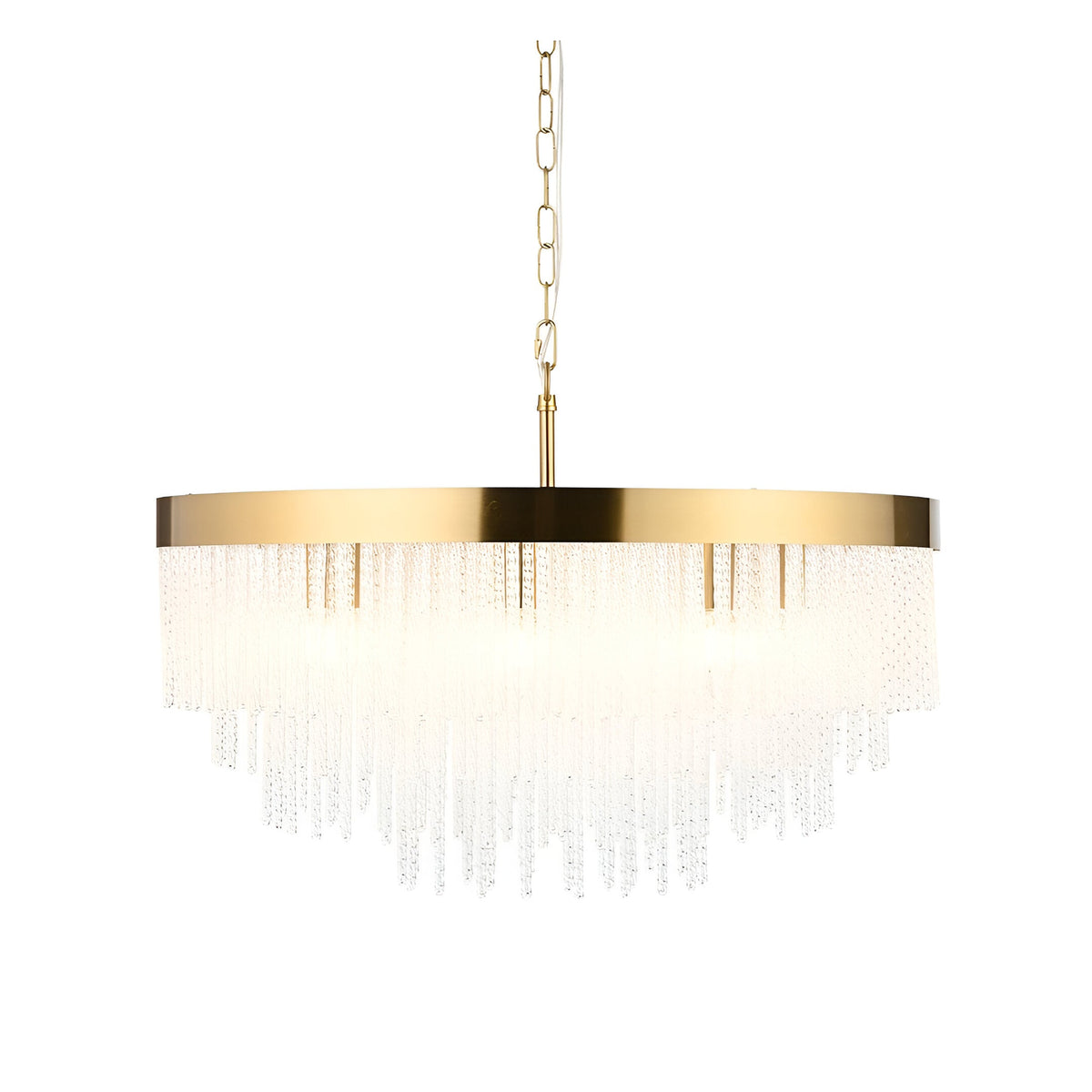 Aldfield 9 Light Pendant in brass with a round frame and tiered cascade of clear twisted glass rods, hung from a chain, on a plain white background.