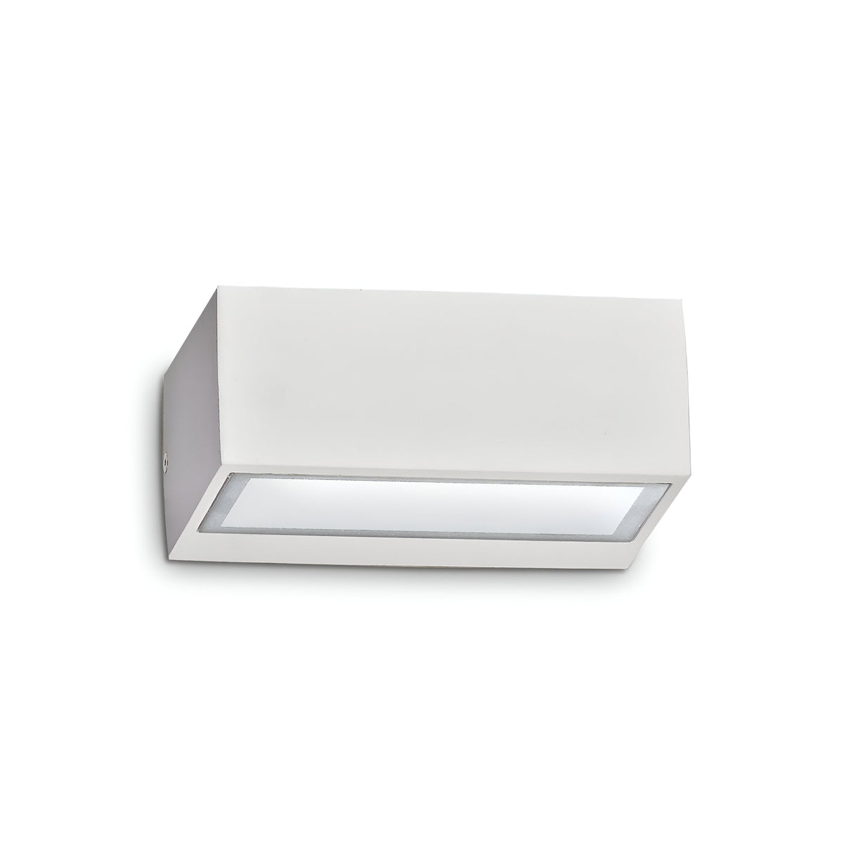 The Prism Outdoor Wall Light - White is a contemporary rectangular fixture mounted on the wall, featuring a sleek white finish. Although designed for outdoor use, it incorporates Pyrex glass diffusers that ensure even light distribution. Constructed from die-cast aluminum and installed on a simple white surface, this light offers both elegance and durability.