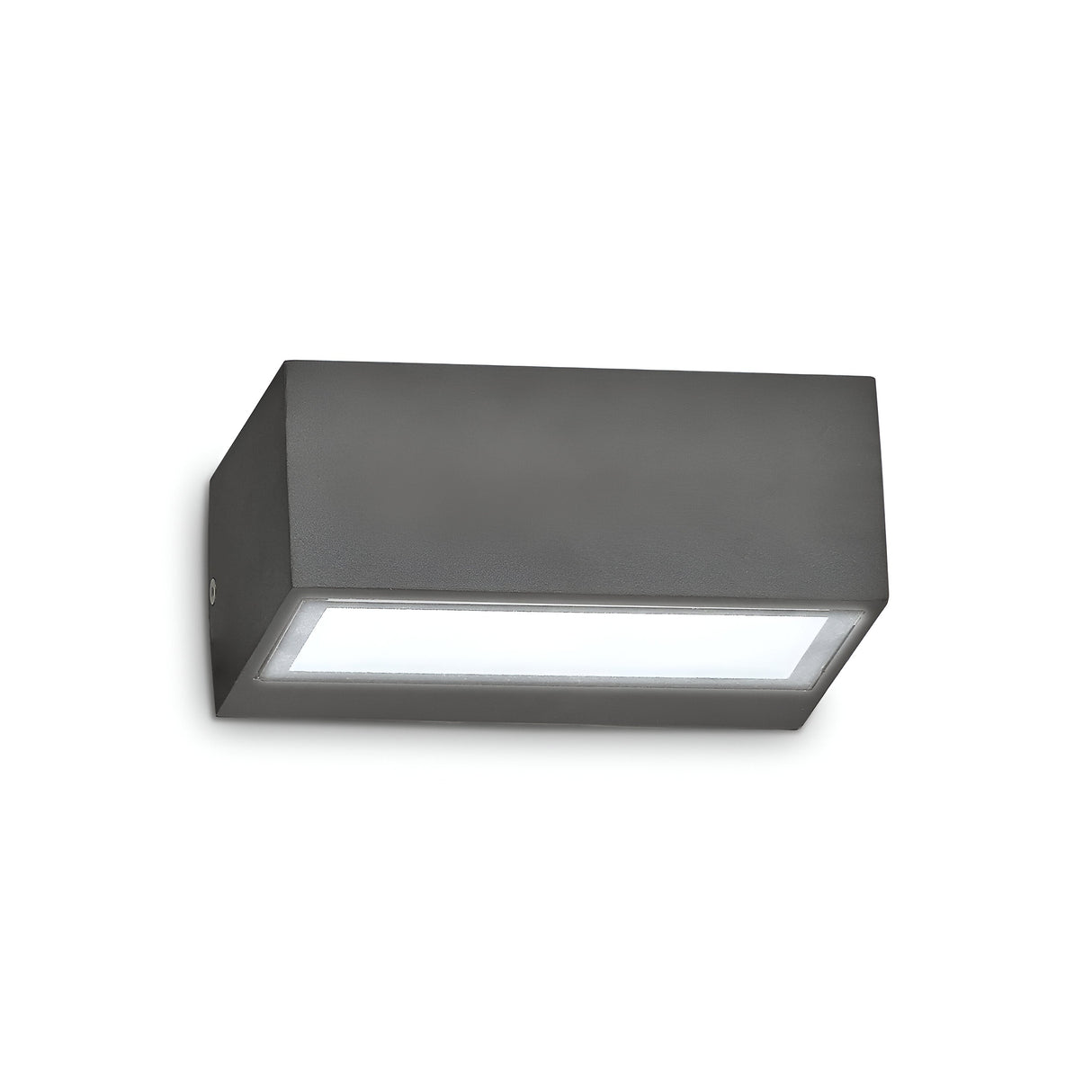 The Prism Outdoor Wall Light - Anthracite is a contemporary lighting fixture with a die-cast aluminum construction and an anthracite finish, featuring a frosted glass panel. Suitable for both outdoor and indoor use, it can be mounted on a white wall to provide an elegant and minimalistic illumination.