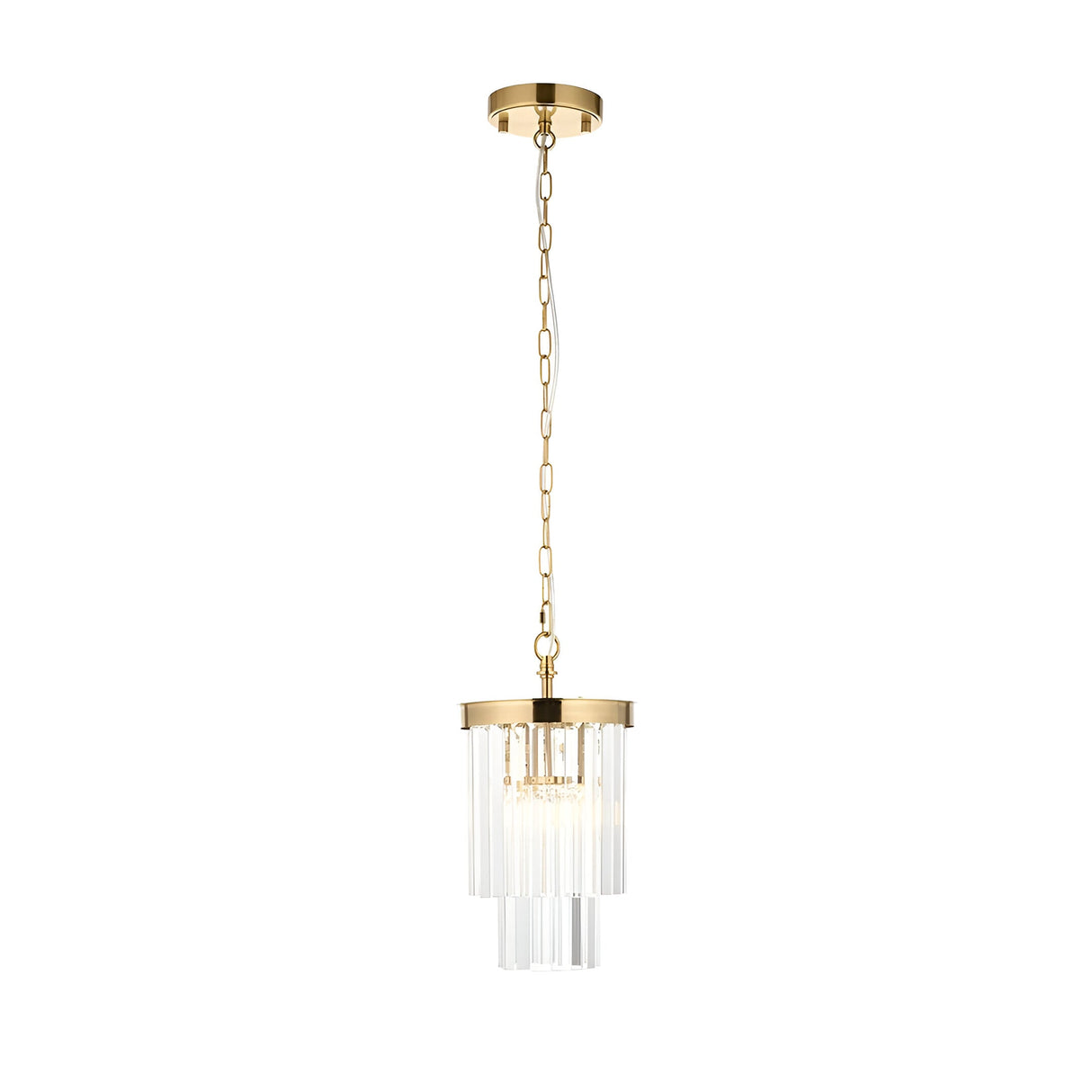 Endon Bevstead small single pendant with tiered clear lozenge glass drops on a brushed aged brass frame and chain, shown on a white background.