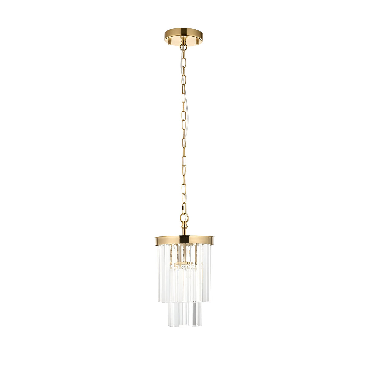 Endon Bevstead small single pendant light with tiered clear lozenge glass drops on a brushed aged brass frame and chain, shown on a white background.