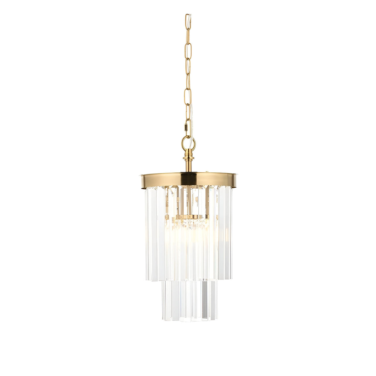 Endon Bevstead small single pendant light with tiered clear lozenge glass drops on a brushed aged brass frame and chain, on a white background.