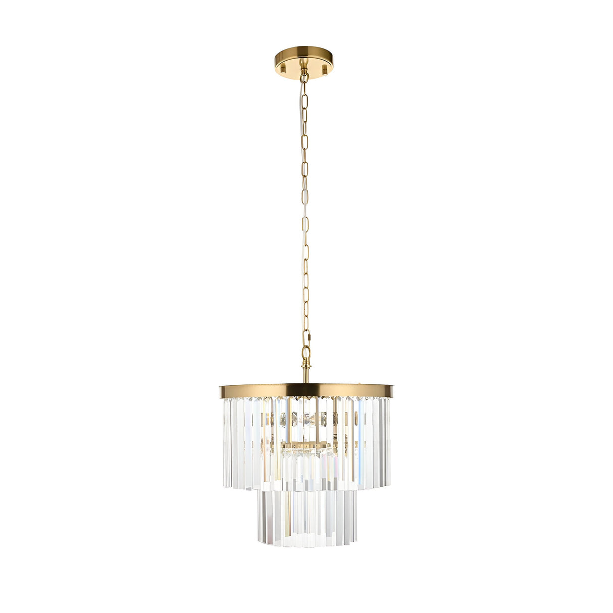 Bevstead 4 Light Pendant in brass with two tiers of cut glass lozenge drops, suspended from a chain and ceiling rose on a plain white background.