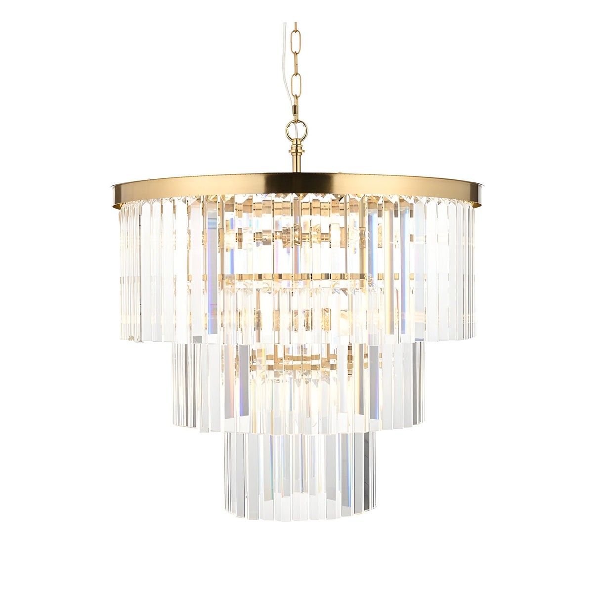 Endon Bevstead 7 light pendant in brushed brass with tiered clear cut lozenge glass drops and chain suspension, shown on a white background.