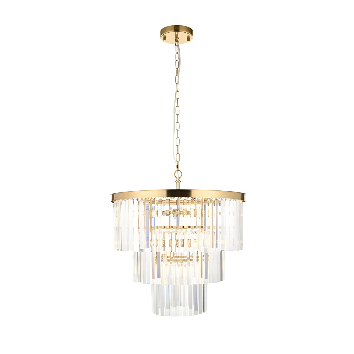 Endon Bevstead 7 light pendant in brushed brass with three tiers of clear cut lozenge glass drops on a chain suspension, shown on a white background.
