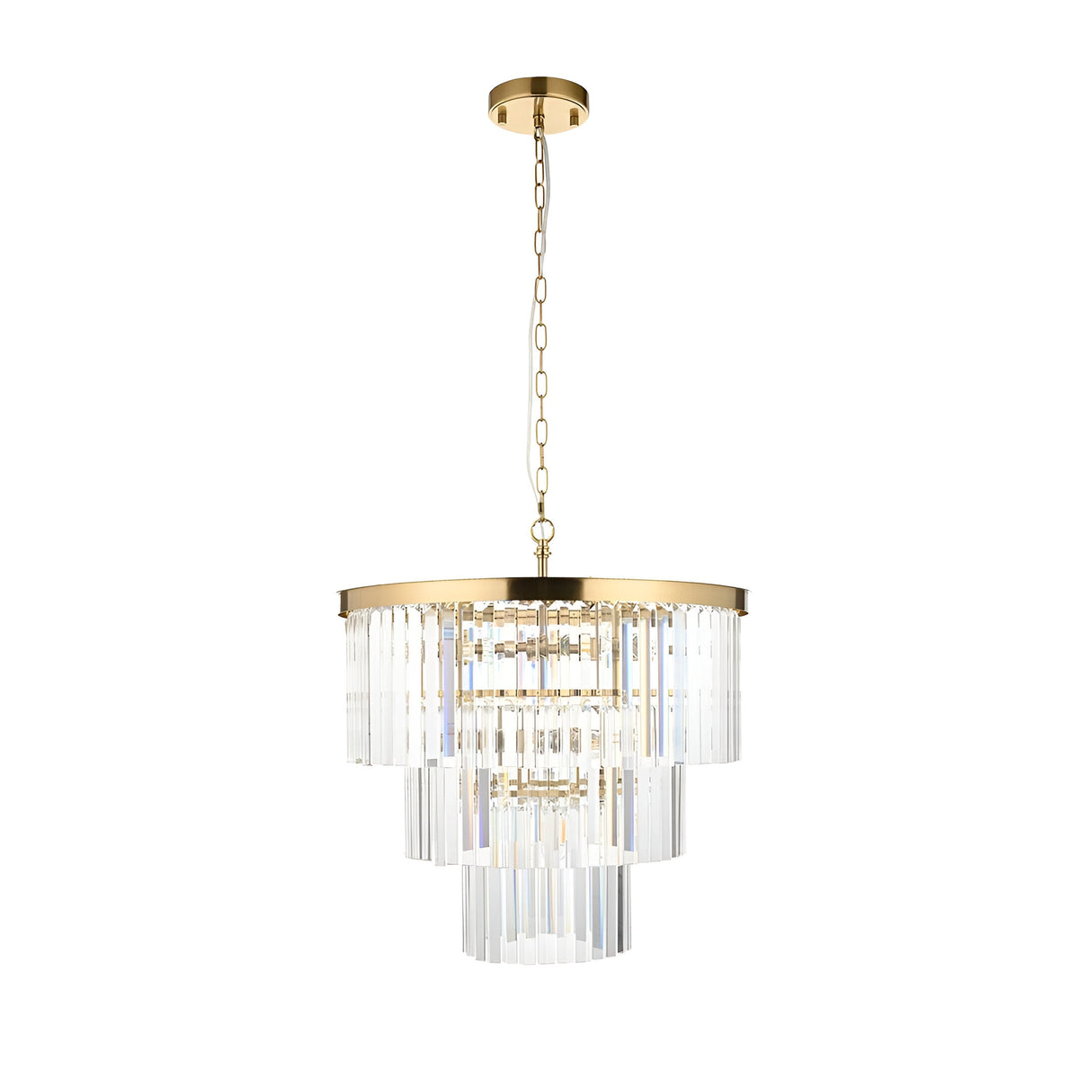 Endon Bevstead 7 light pendant in brushed brass with tiered clear cut glass lozenge drops, suspended from a chain on a white background.