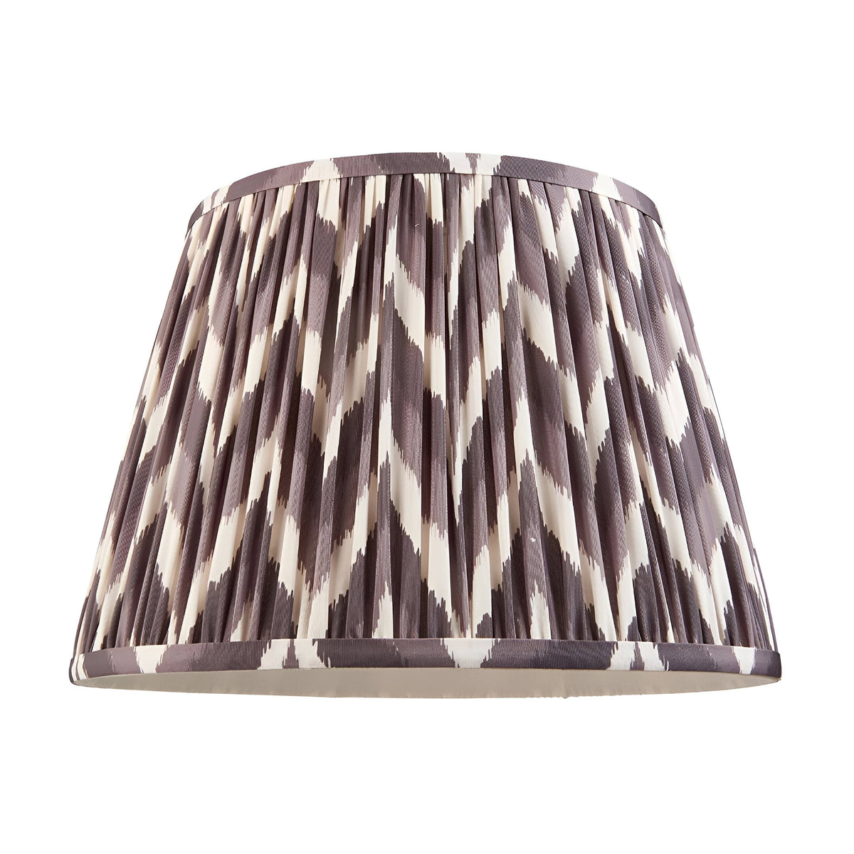 Endon Bevbury Zigzag 35cm tapered drum lampshade in pleated grey and white faux silk on a plain background.
