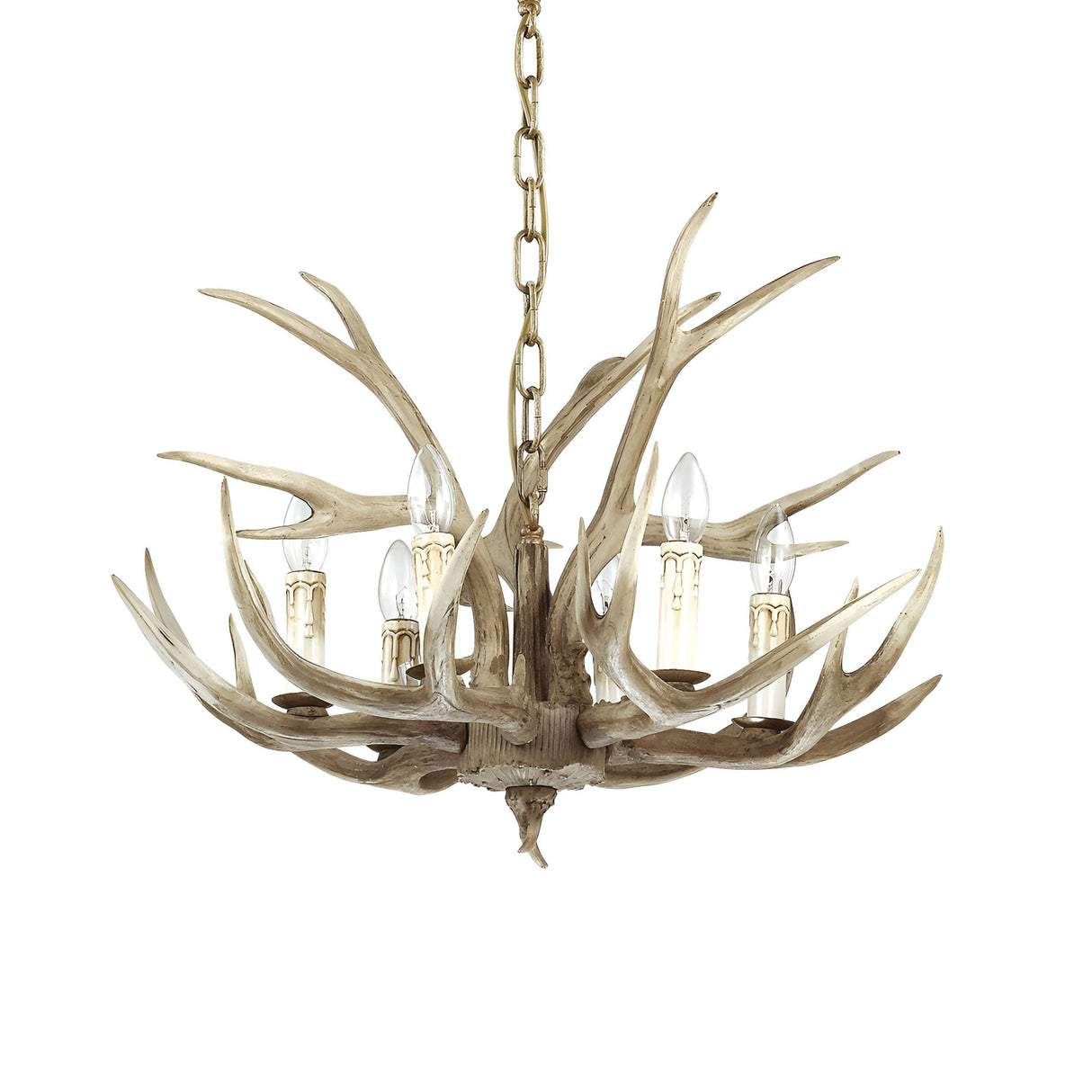 The Flow 6 Light Chandelier in Dark Brown features faux antlers in a circular design with six candle-style bulbs, suspended by a gold chain—ideal for giving your modern space a rustic accent.