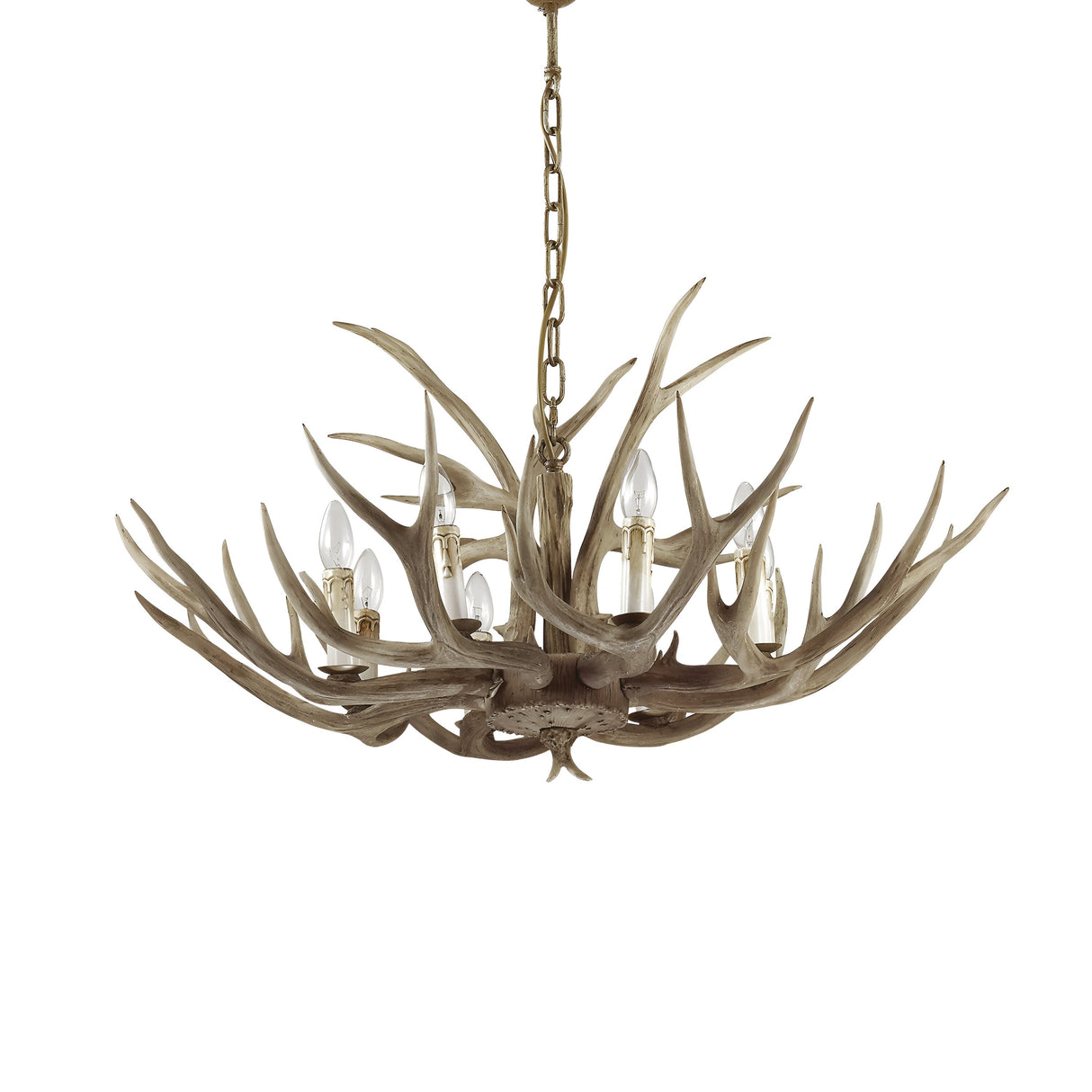 The Flow 8 Light Chandelier in Dark Brown boasts a nature-inspired design with an earthy, antler-like shape. It features eight candle-style light bulbs and is complemented by a metal chain that enhances its woodland-inspired aesthetic.