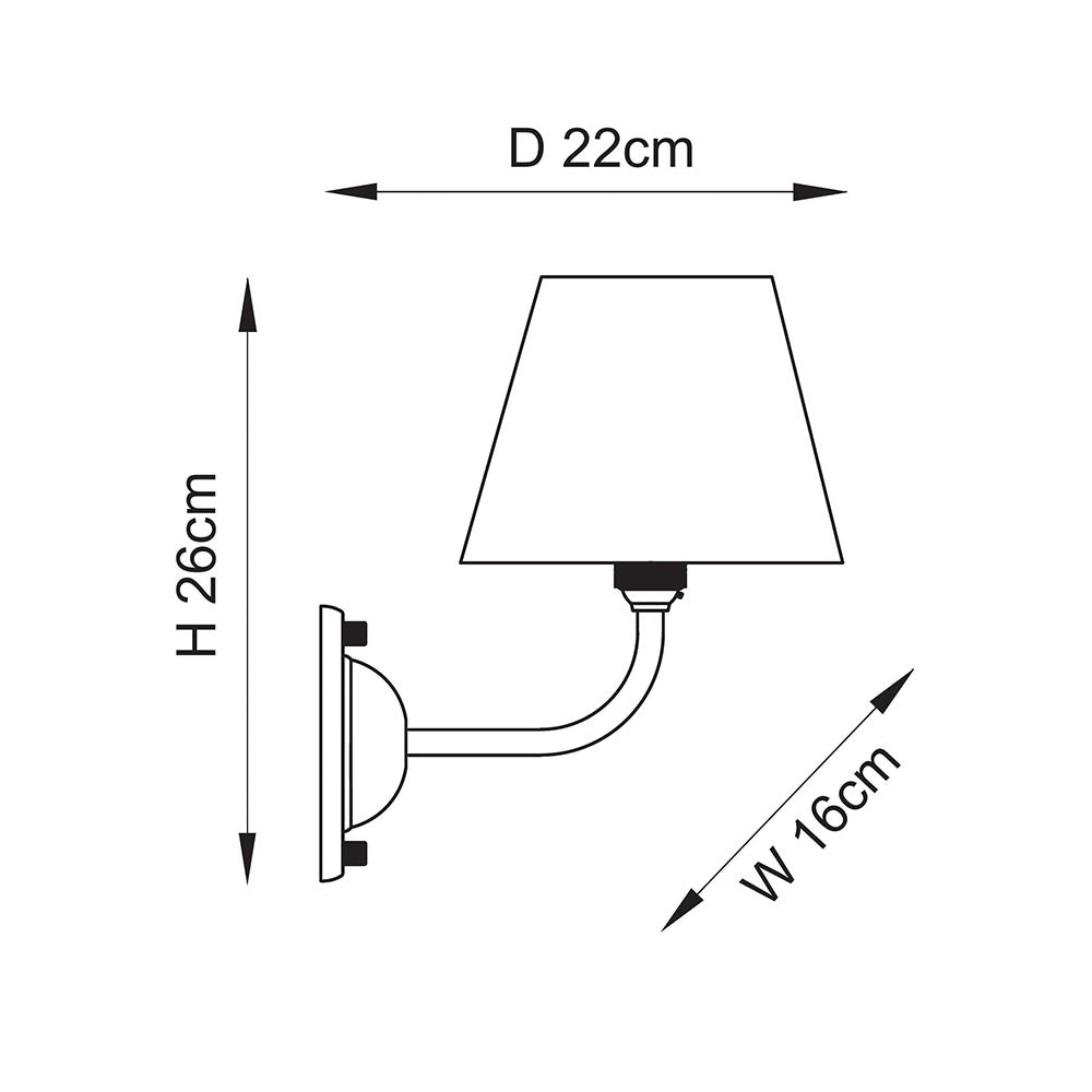 Dimension diagram of the Endon Brackdale Ikat wall light showing 26cm height, 16cm width and 22cm projection on a plain white background.