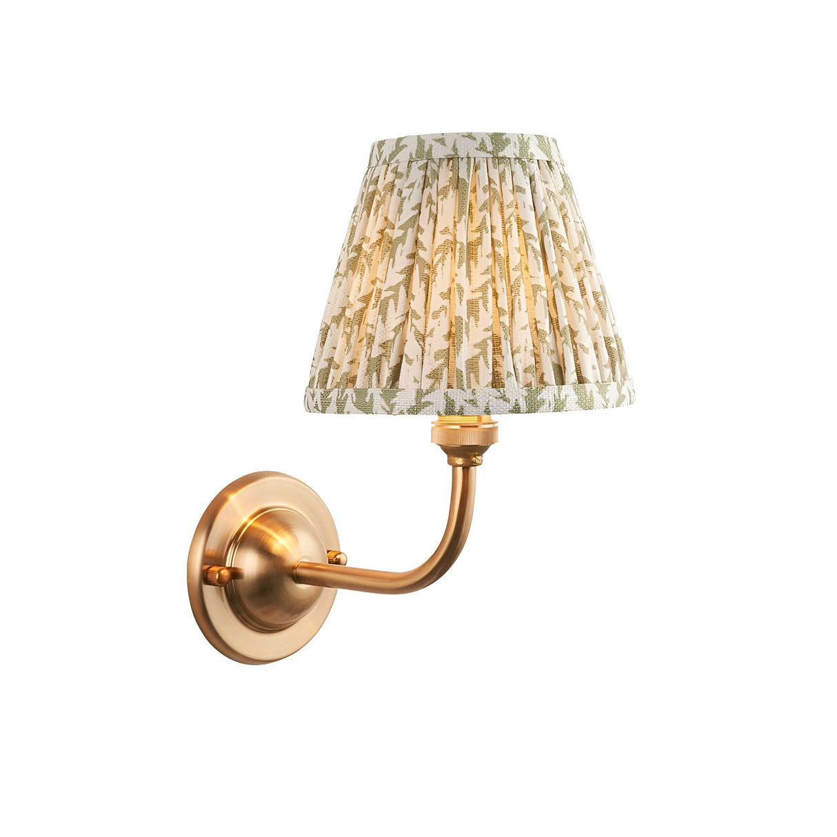 Brackdale Leaf wall light features a brushed brass curved arm and round base with a pleated green and cream leaf-print fabric shade.