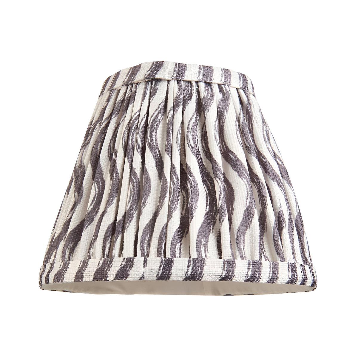 Endon Brackdale wall light shade in pleated pearl grey faux linen with a ripple print and taped edging, shown on a plain white background.