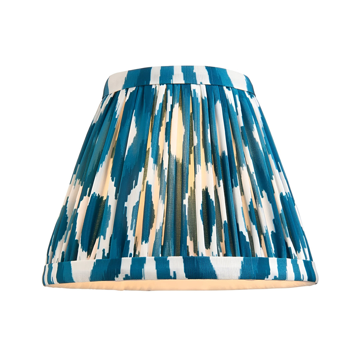 Endon Brackdale Ikat wall light shade in pleated blue and white faux silk ikat print with a tapered drum shape, shown on a white background.