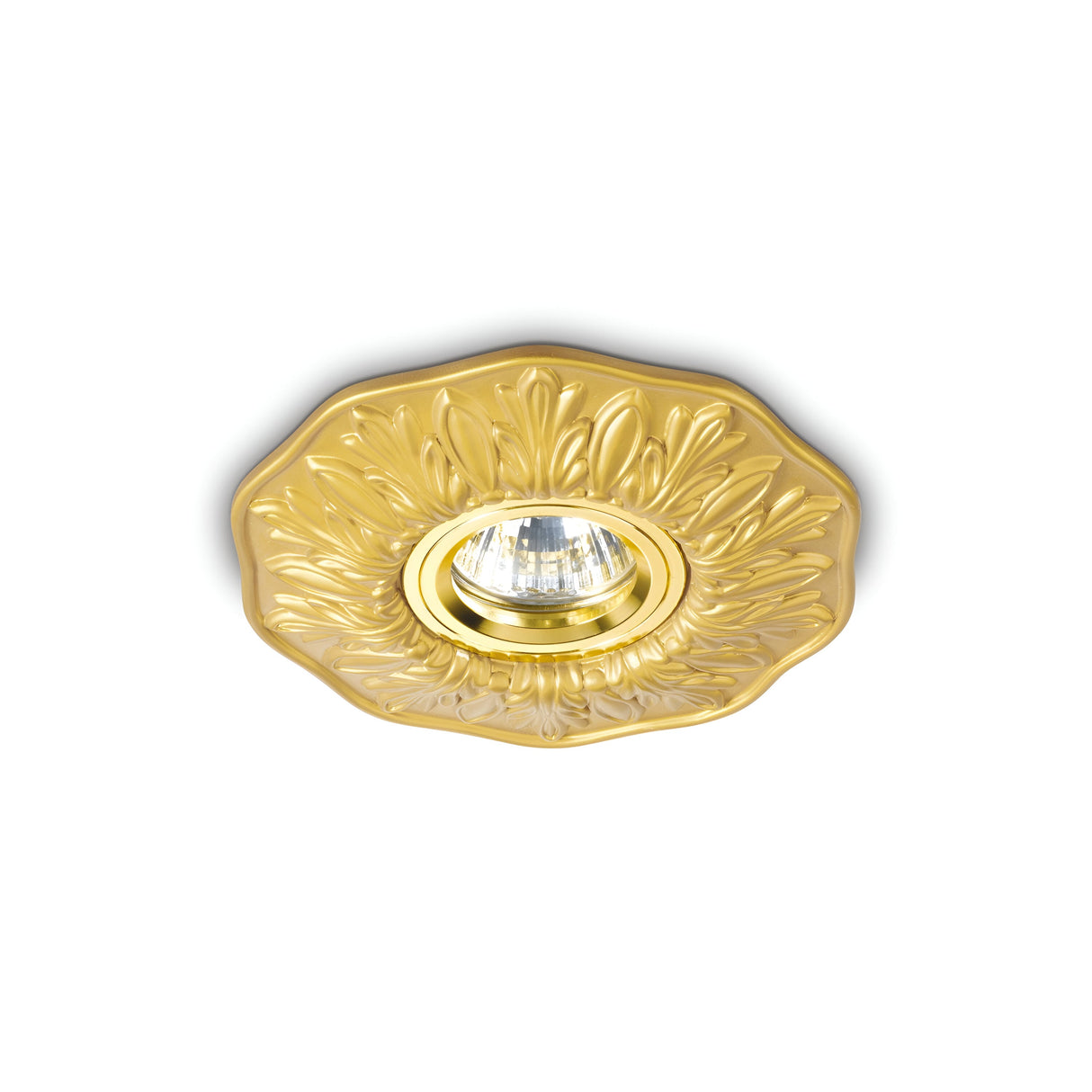The Olivia Recessed Downlight - Gold is a luxurious, round lighting fixture featuring ornate floral gold details encircling the light bulb, elegantly set against a plain white background to highlight its exquisite ceiling installation.