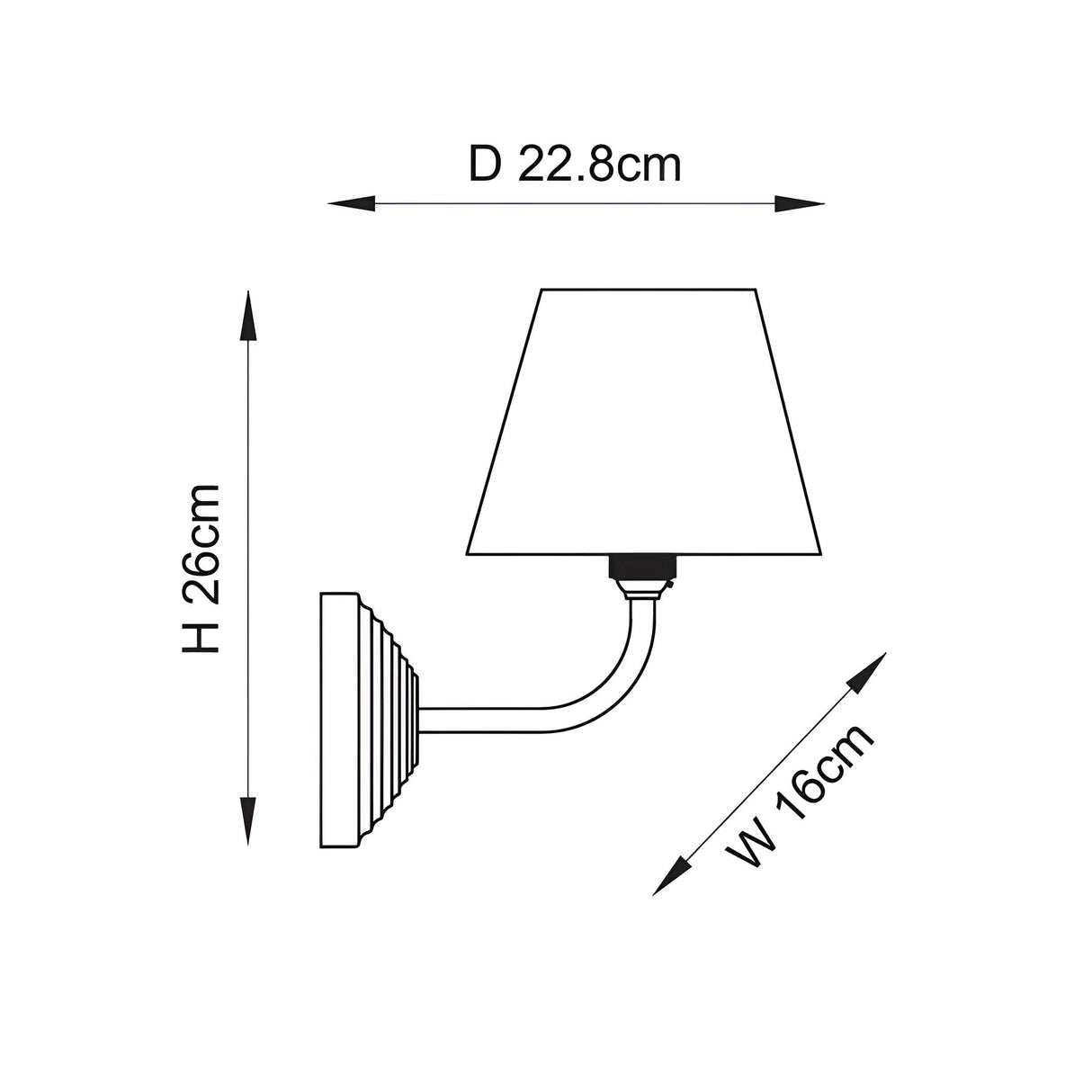 Dimensions diagram of Endon Castgrove Ripple wall light showing 26cm height, 16cm width and 22.8cm projection with tapered shade and stepped backplate.