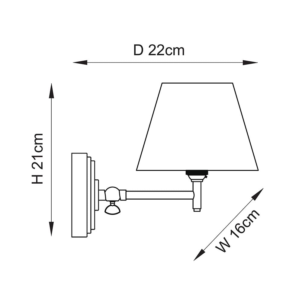 Dimensioned line drawing of the Endon Cliffwood Leaf wall light showing 21cm height, 16cm width and 22cm projection with adjustable arm and tapered shade.