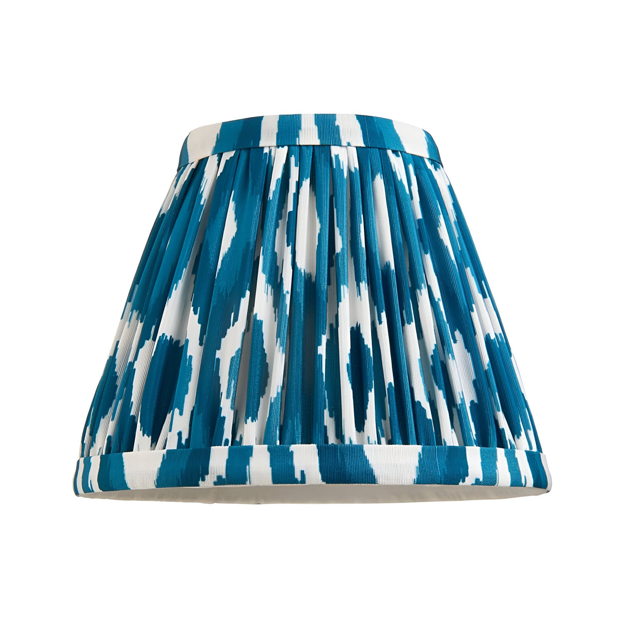 Cliffwood Ikat Wall Light shade in blue and white pleated faux silk fabric with taped edges, shown alone on a plain white background.