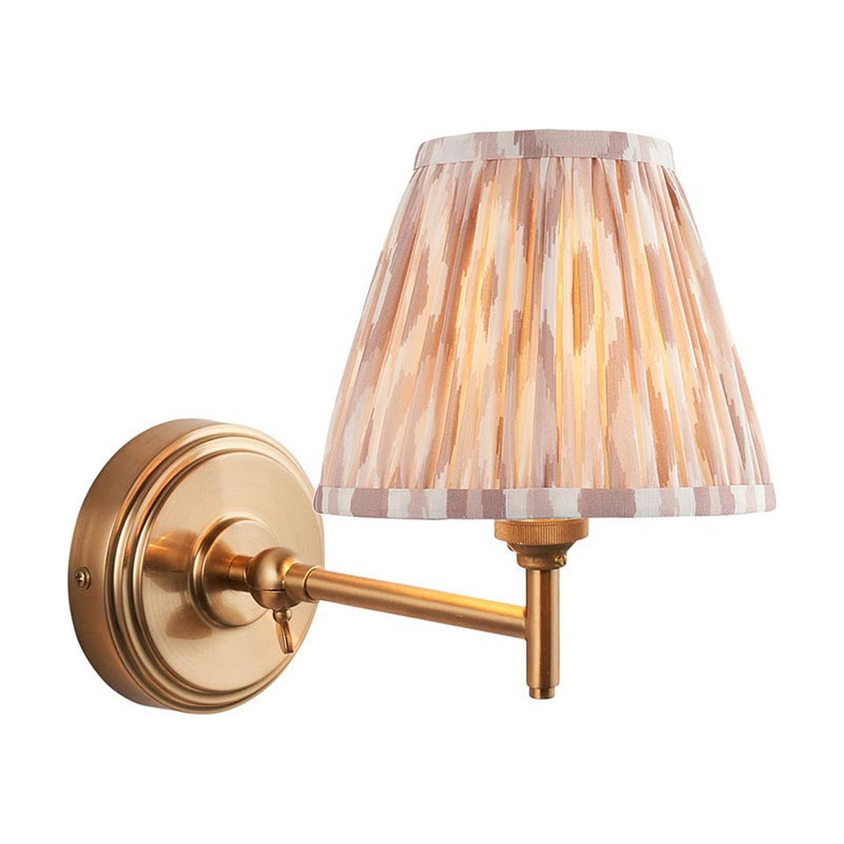 Cliffwood Ikat Wall Light with brushed brass swing arm and pleated fabric shade in an earthy Ikat pattern, shown on a white background.