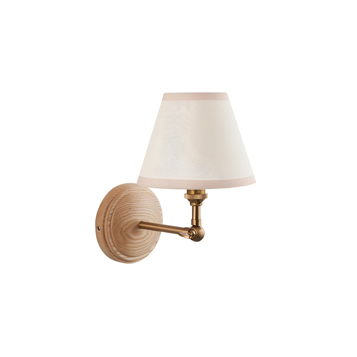Danemere Ivy wall light with natural ash backplate, brass adjustable arm and knuckle joint, and tapered white fabric shade with almond edge.