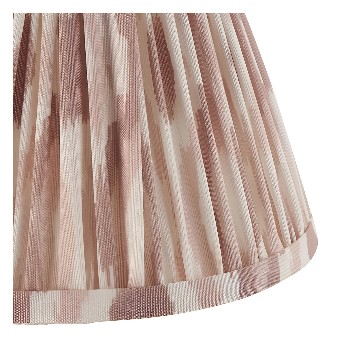 Close-up of the Endon Danemere Ikat wall light's tapered hand-pleated shade in cream faux silk with soft pink brushstroke pattern and taped edge.