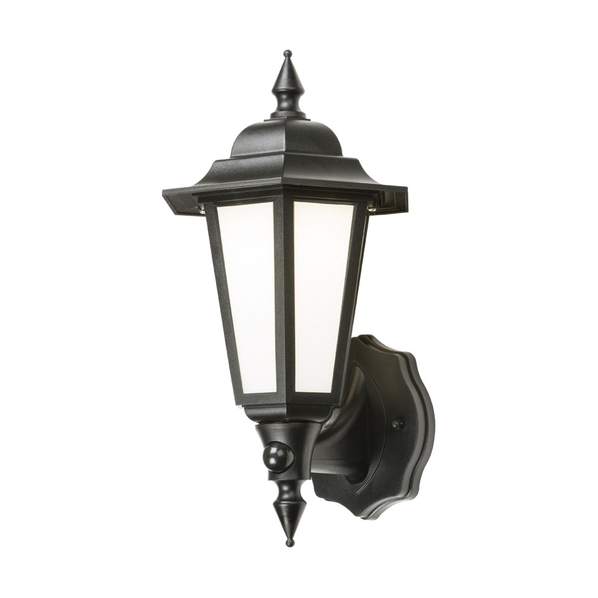 The Outdoor LED Wall Lantern With PIR in black showcases a classic design with a pointed top and frosted glass panel. It provides 4000K cool white lighting and includes decorative finials on both the top and bottom. This lantern is mounted with ease using the attached wall plate.