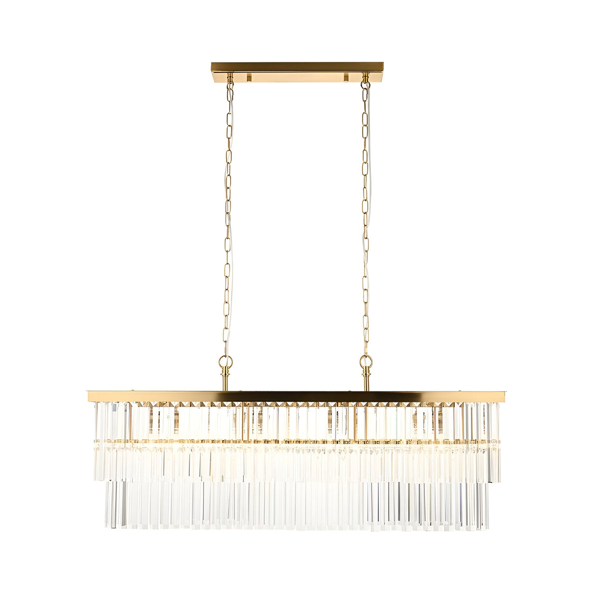 Bevstead 4-light linear pendant in brushed brass with clear glass lozenge drops, suspended from twin adjustable chains on a plain white background.