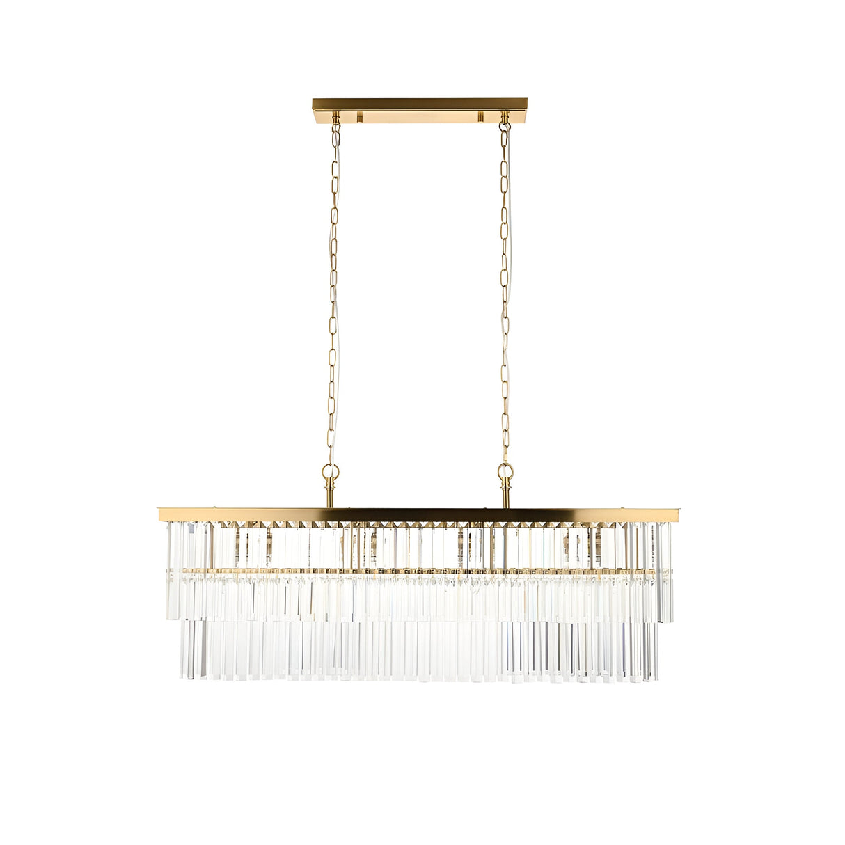 Bevstead 4 Light Linear Pendant in brushed brass with clear crystal glass drops on a rectangular bar, suspended by twin chains against a plain white background.
