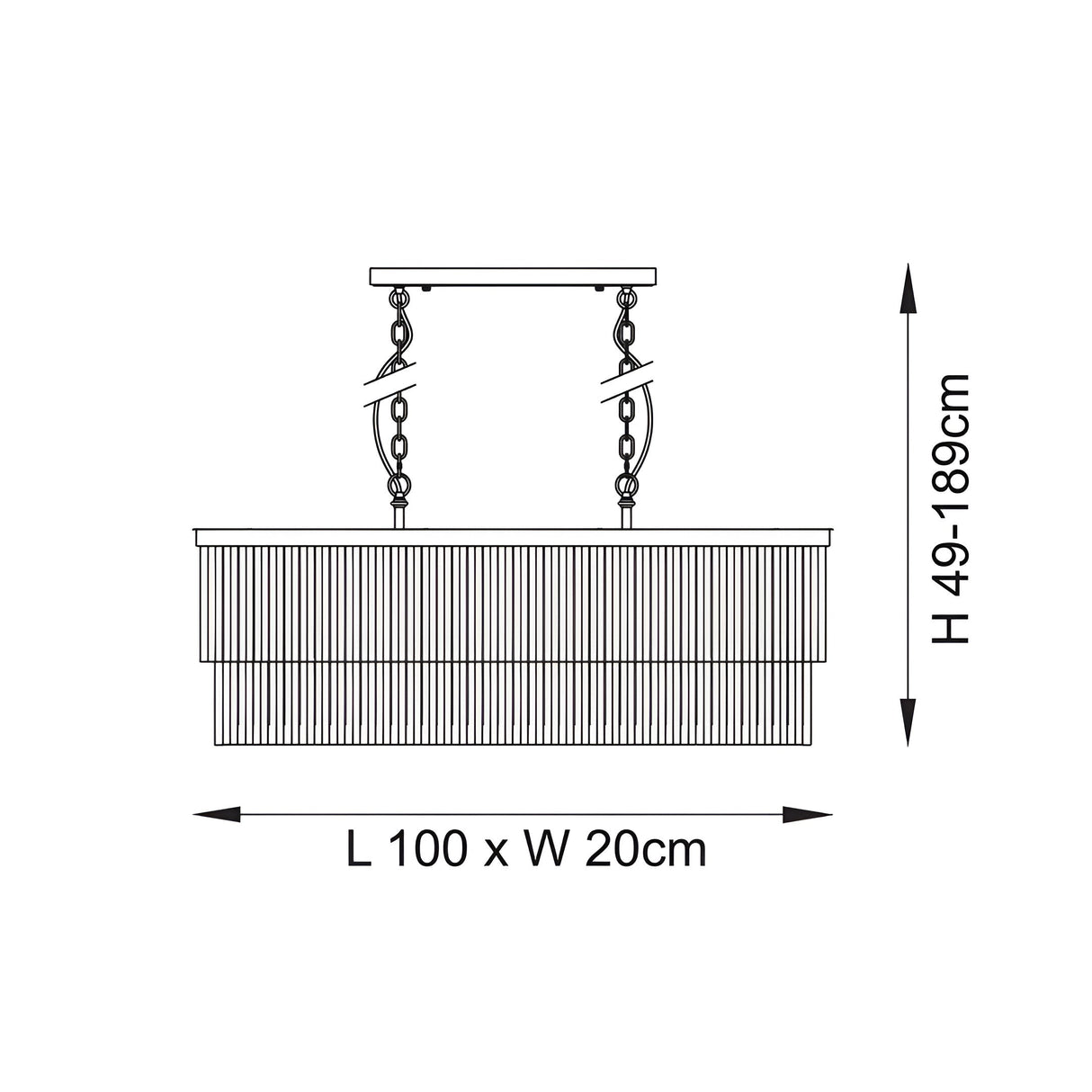 Bevstead 4 Light Linear Pendant in brushed brass, line drawing showing rectangular fringed shade, adjustable chains and ceiling plate, L100 x W20cm, H49-189cm.