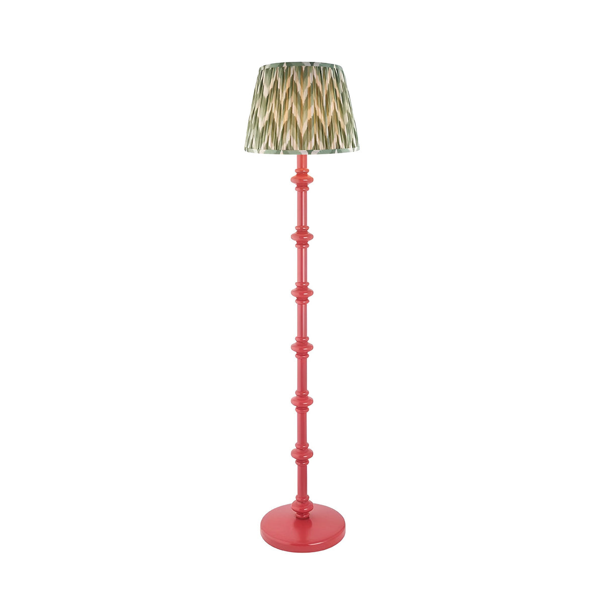 Endon Bevbury Zigzag floor lamp with a pink turned wood spindle base and green zigzag pleated faux silk shade, shown on a plain background.