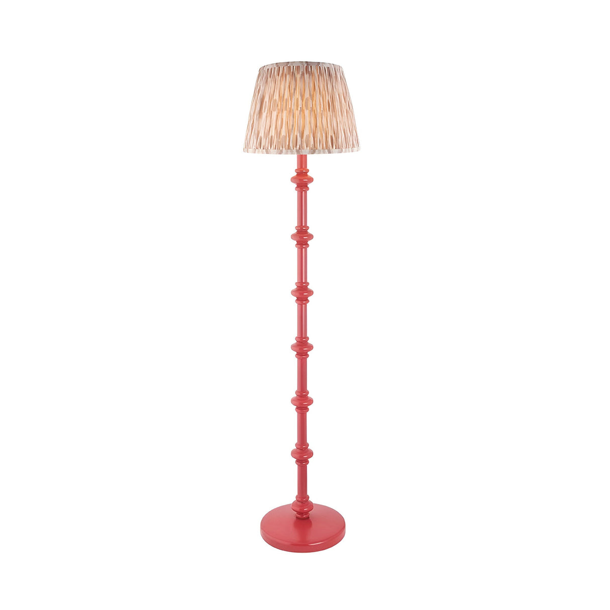 Endon Bevbury Ikat floor lamp with a pink turned wooden spindle base and patterned natural faux silk pleated shade, shown on a plain white background.