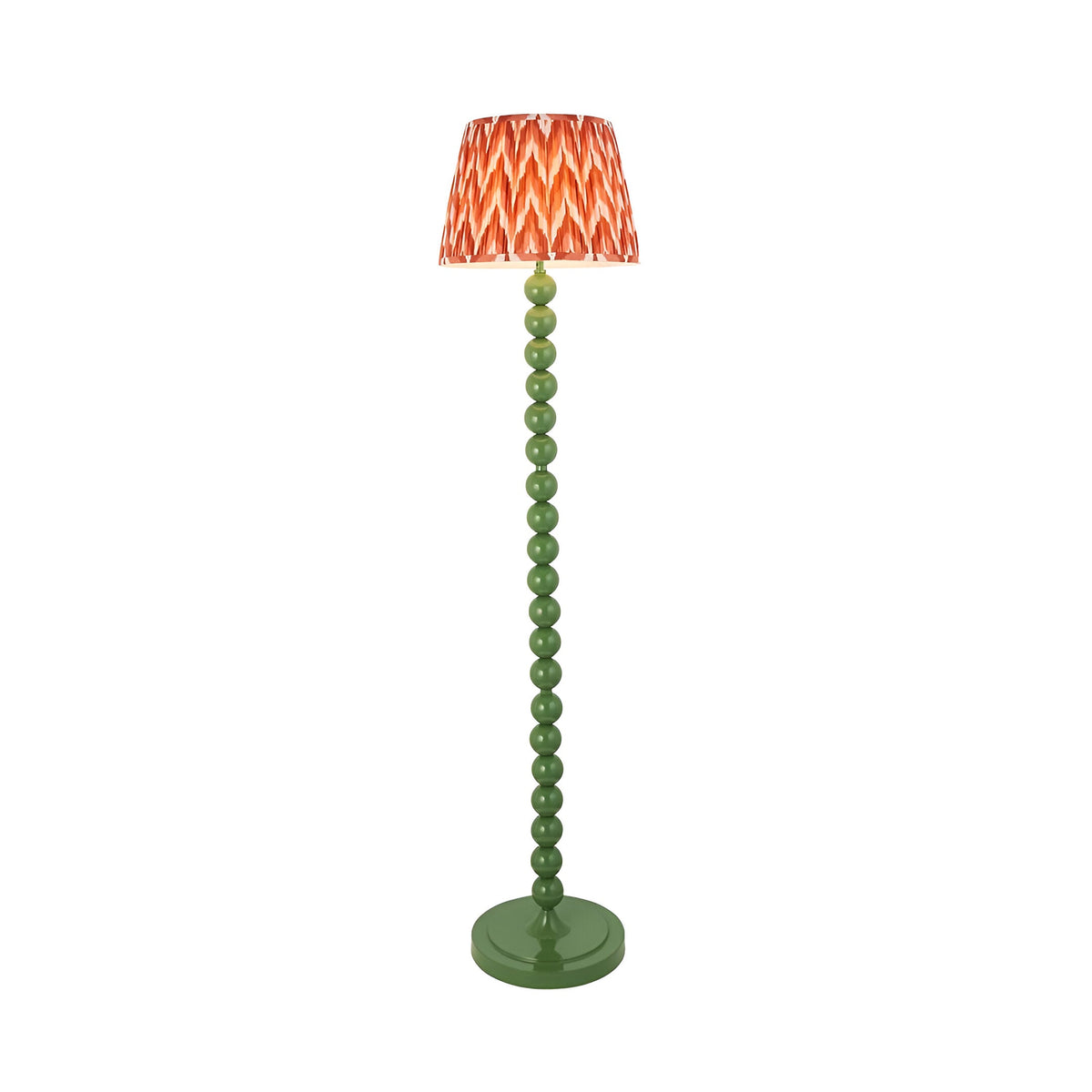Green Brenleigh Zigzag Floor Lamp with a stacked sphere gloss metal stem, round base, and pleated orange zigzag fabric shade.