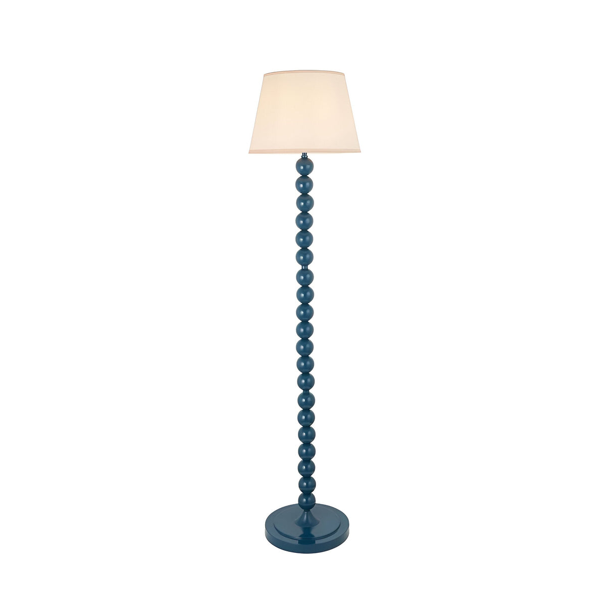 Brenleigh Ivy floor lamp with stacked sphere blue gloss base and tapered white fabric shade, on a plain white background.
