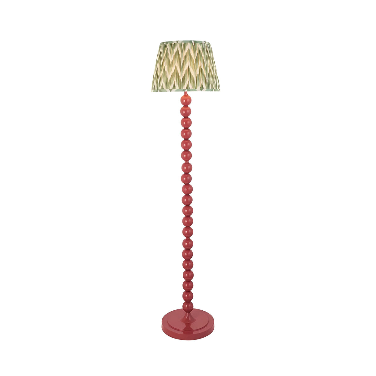 Endon Brenleigh floor lamp with a pink stacked sphere base and green zigzag pleated faux silk shade, shown on a plain white background.