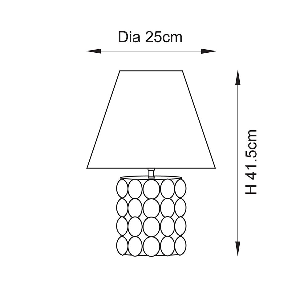 Line drawing of the Amberley Ripple Table Lamp showing a tapered fabric shade on a ribbed ceramic base, with dimensions Dia 25cm and H 41.5cm.