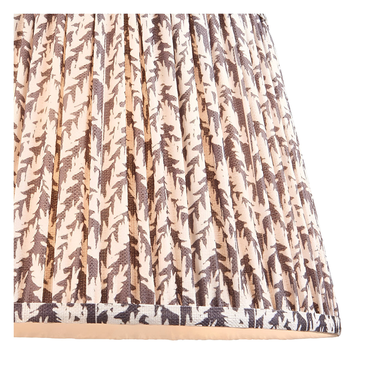 Close-up of the Ashbury Leaf table lamp's pleated fabric shade in cream and grey leaf-print pattern, showing gathered folds and trimmed edge.