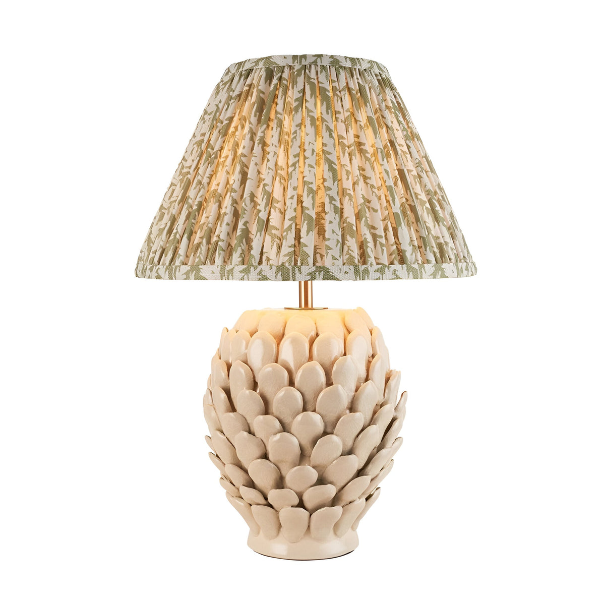 Endon Caldford table lamp with ivory crackle-glazed ceramic artichoke base and pleated green leaf-print fabric shade on a plain white background.
