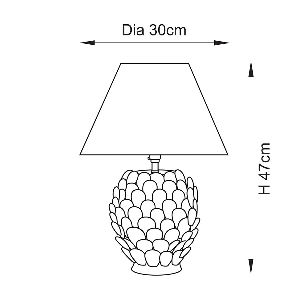 Line drawing of the Caldford table lamp showing leaf-textured ceramic base and tapered Ikat shade, with dimensions Dia 30cm and H 47cm labelled.