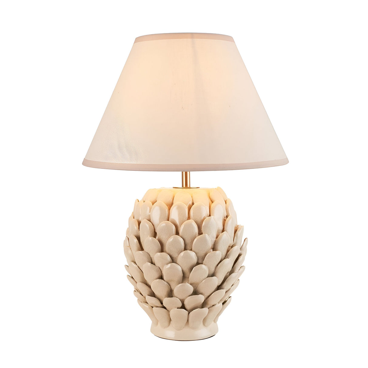 Caldford Ivy 30cm table lamp with an ivory crackle-glazed ceramic leaf-textured base and a white empire fabric shade, shown on a plain white background.