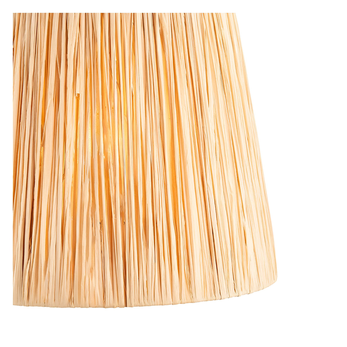 Close-up of the Endon Caldford table lamp's 30cm tapered shade, hand-wrapped in natural beige raffia with a warm glow filtering through.