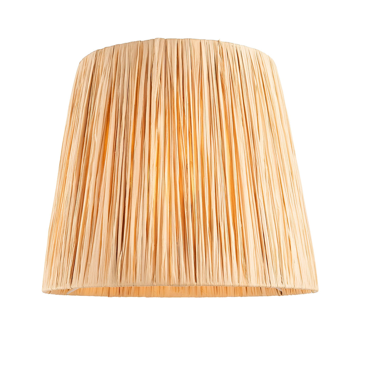 Endon Caldford tapered table lamp shade hand-wrapped in natural beige raffia, shown illuminated against a plain white background.